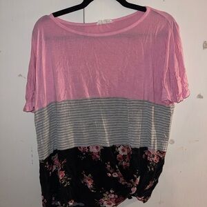 Maurices Pink and Gray Striped Floral Top